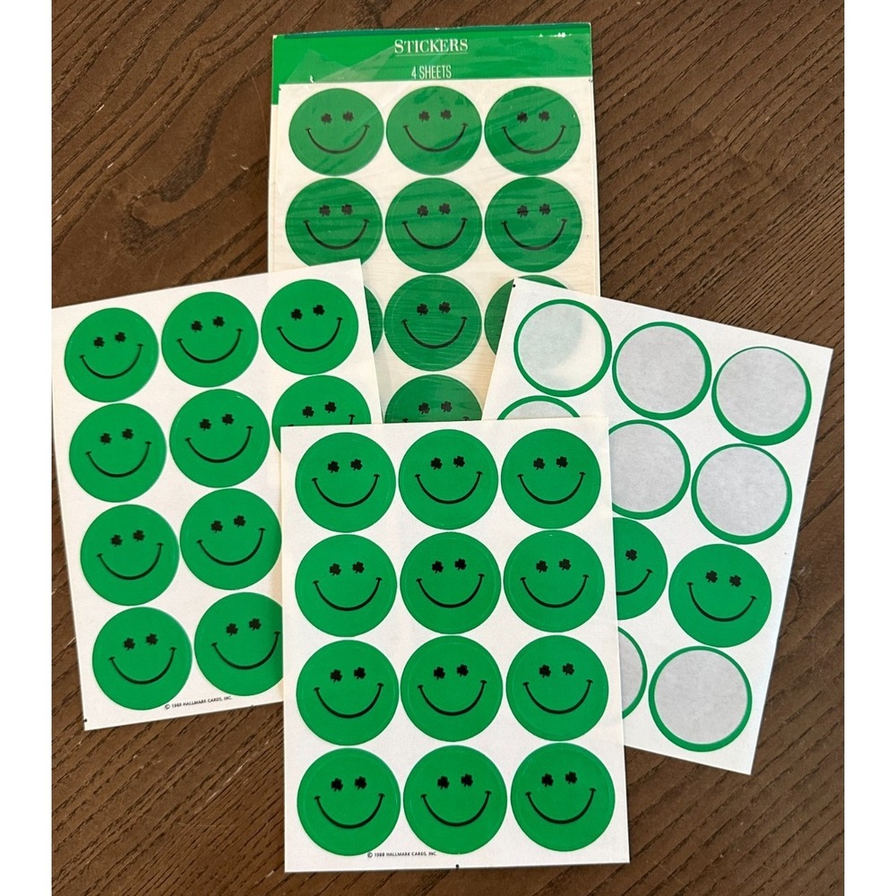 4 Full Sheets Vintage Hallmark 1988 Green Smiley Faces St Patrick's Day Stickers